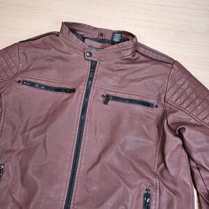 Distortion Faux Leather Jacket Mens L Brown Moto Biker Full Zip Casual